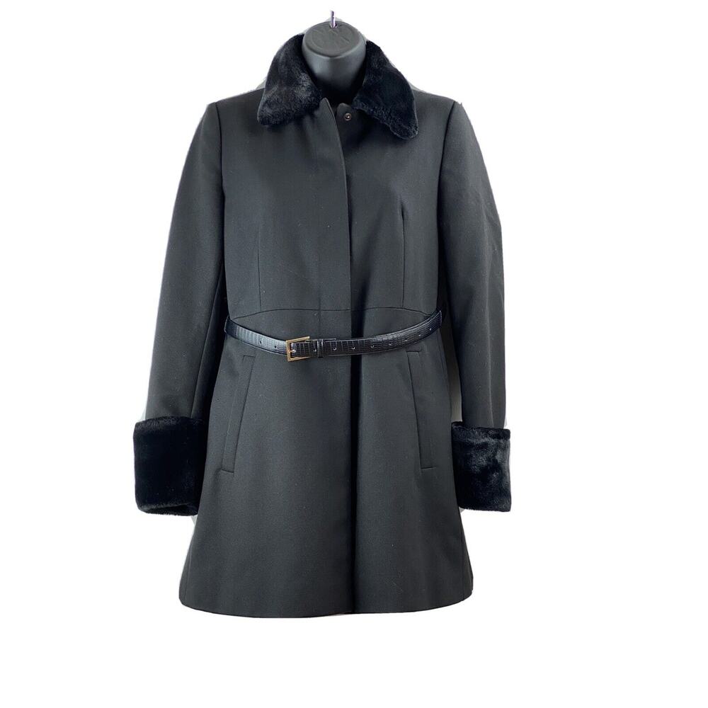 Zara Basic Black Belted Dress Coat Faux Fur Collar Cuff Fitted Size Small
